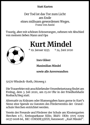 Anzeige von Kurt Mindel von Kölner Stadt-Anzeiger / Kölnische Rundschau / Express