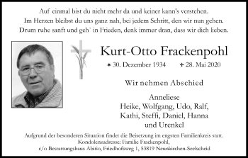 Anzeige von Kurt-Otto Frackenpohl von Kölner Stadt-Anzeiger / Kölnische Rundschau / Express