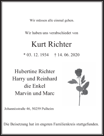 Anzeige von Kurt Richter von  Wochenende 