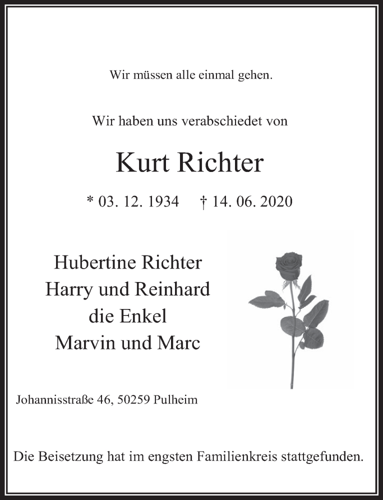  Traueranzeige für Kurt Richter vom 26.06.2020 aus  Wochenende 