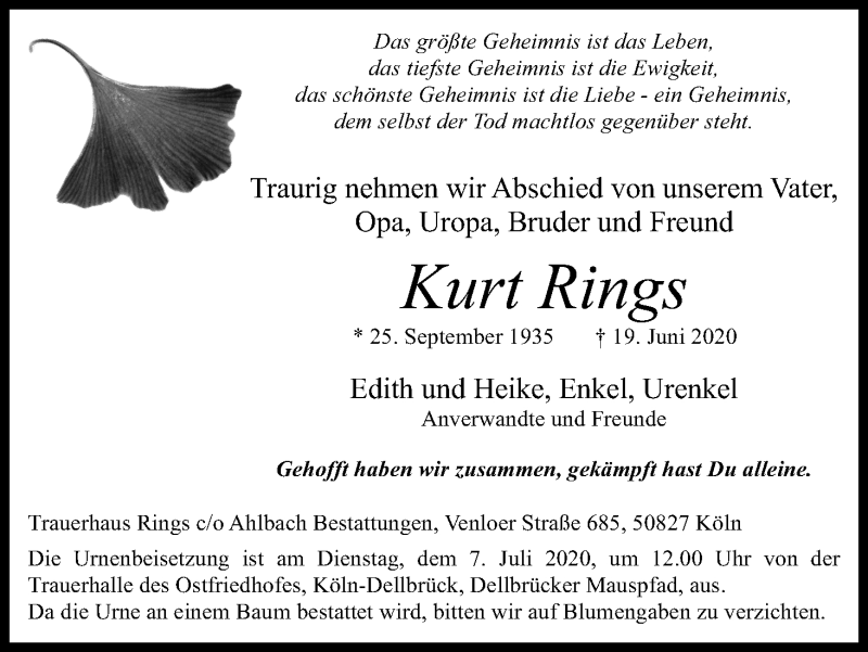  Traueranzeige für Kurt Rings vom 27.06.2020 aus Kölner Stadt-Anzeiger / Kölnische Rundschau / Express