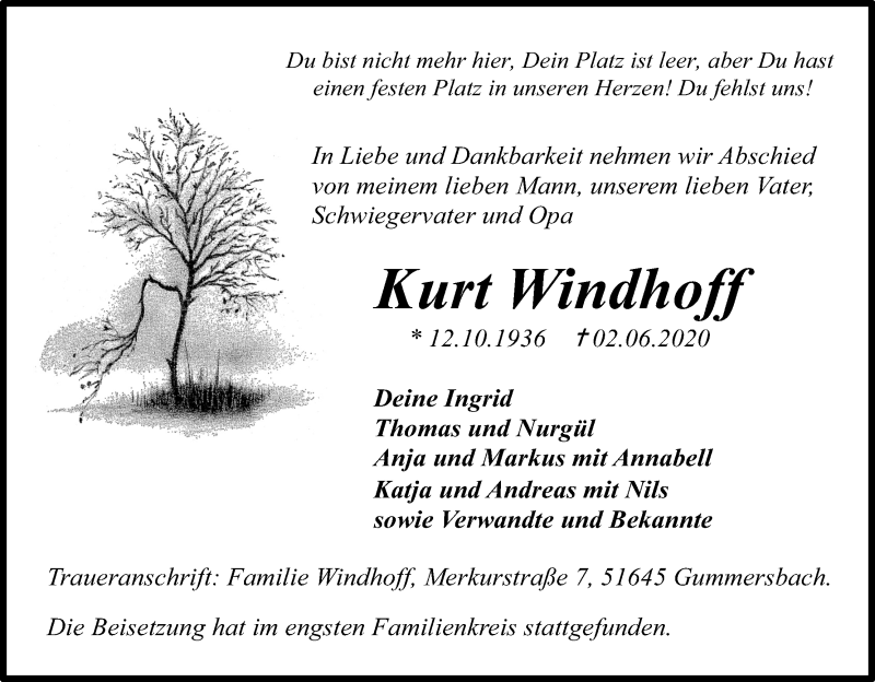  Traueranzeige für Kurt Windhoff vom 13.06.2020 aus Kölner Stadt-Anzeiger / Kölnische Rundschau / Express