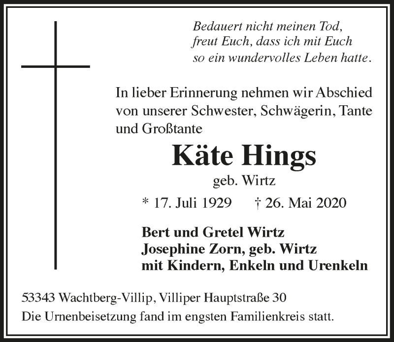  Traueranzeige für Käte Hings vom 05.06.2020 aus  Schaufenster/Blickpunkt 
