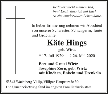 Anzeige von Käte Hings von  Schaufenster/Blickpunkt 