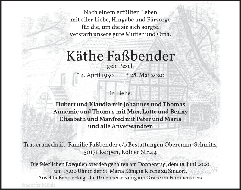 Traueranzeige für Käthe Faßbender vom 12.06.2020 aus  Werbepost 
