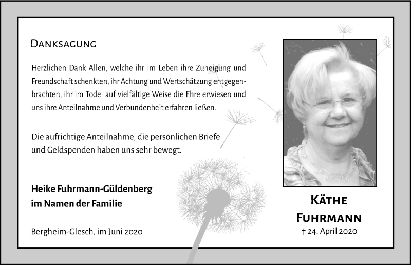  Traueranzeige für Käthe Fuhrmann vom 23.06.2020 aus Kölner Stadt-Anzeiger / Kölnische Rundschau / Express