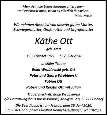 Anzeige von Käthe Ott von Kölner Stadt-Anzeiger / Kölnische Rundschau / Express