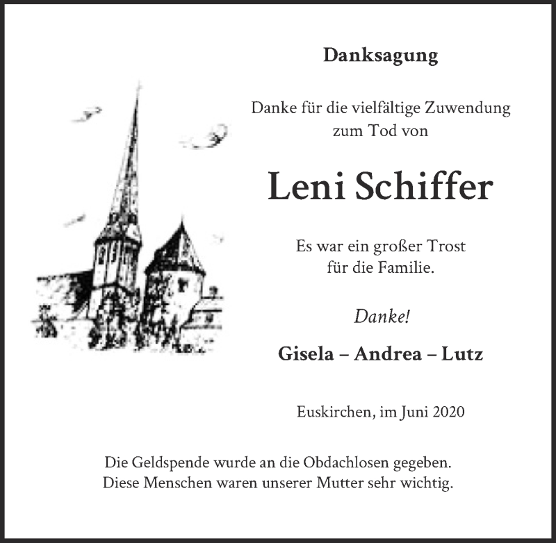  Traueranzeige für Leni Schiffer vom 27.06.2020 aus  Blickpunkt Euskirchen 