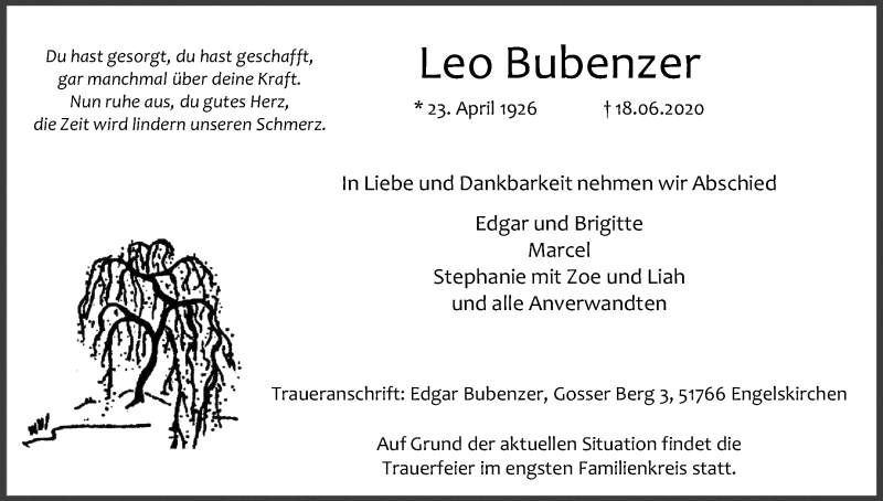  Traueranzeige für Leo Bubenzer vom 27.06.2020 aus Kölner Stadt-Anzeiger / Kölnische Rundschau / Express