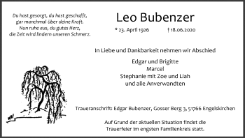 Anzeige von Leo Bubenzer von Kölner Stadt-Anzeiger / Kölnische Rundschau / Express