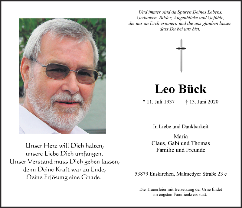  Traueranzeige für Leo Bück vom 20.06.2020 aus  Blickpunkt Euskirchen 