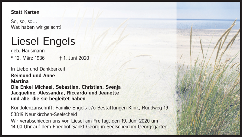  Traueranzeige für Liesel Engels vom 06.06.2020 aus Kölner Stadt-Anzeiger / Kölnische Rundschau / Express