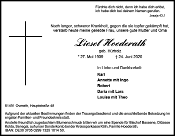 Anzeige von Liesel Hoederath von Kölner Stadt-Anzeiger / Kölnische Rundschau / Express
