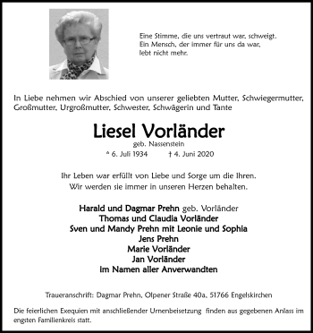Anzeige von Liesel Vorländer von Kölner Stadt-Anzeiger / Kölnische Rundschau / Express