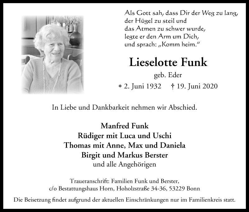  Traueranzeige für Lieselotte Funk vom 24.06.2020 aus Kölner Stadt-Anzeiger / Kölnische Rundschau / Express