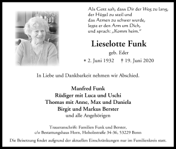 Anzeige von Lieselotte Funk von Kölner Stadt-Anzeiger / Kölnische Rundschau / Express