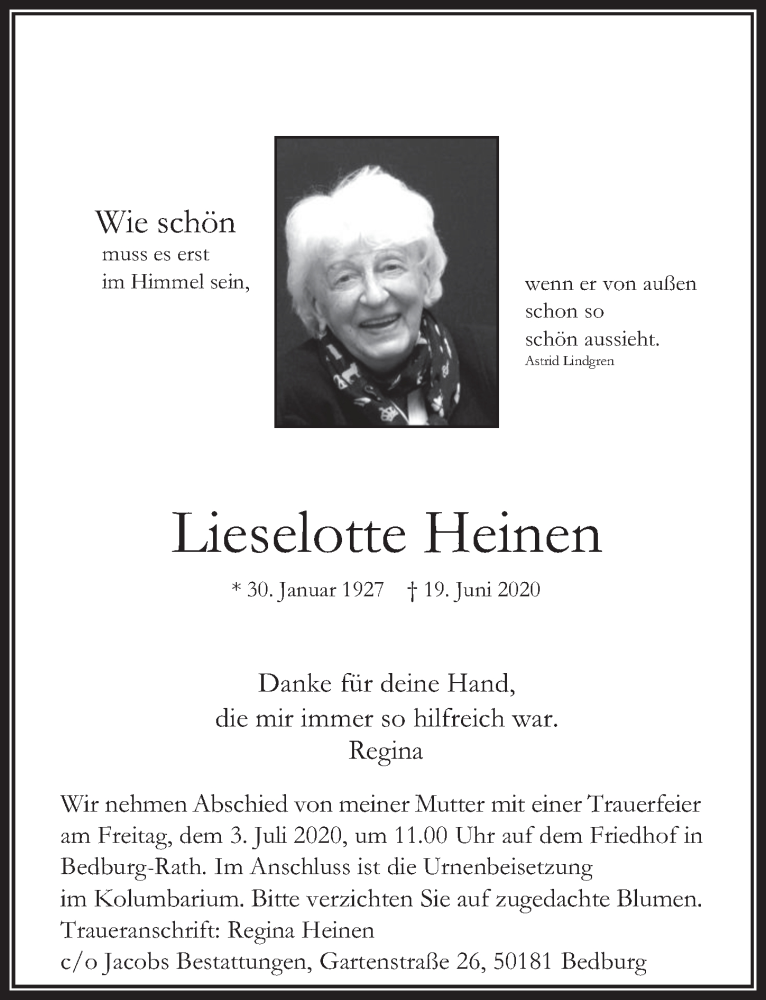  Traueranzeige für Lieselotte Heinen vom 26.06.2020 aus  Werbepost 