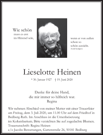 Anzeige von Lieselotte Heinen von  Werbepost 