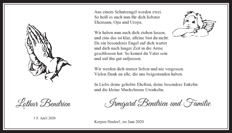  Traueranzeige für Lothar Bendrien vom 05.06.2020 aus  Werbepost 