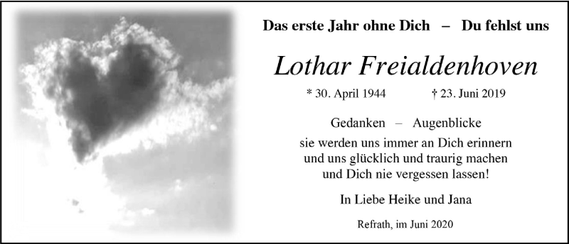  Traueranzeige für Lothar Freialdenhoven vom 26.06.2020 aus  Bergisches Handelsblatt 
