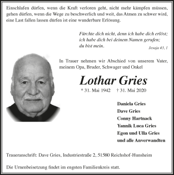 Anzeige von Lothar Gries von  Anzeigen Echo  Lokalanzeiger 