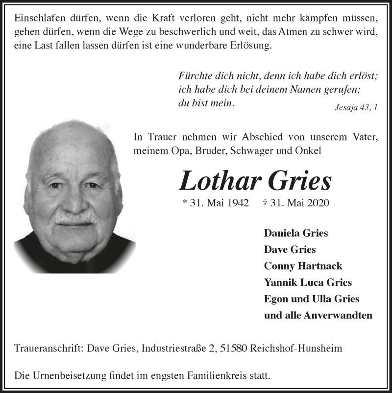  Traueranzeige für Lothar Gries vom 05.06.2020 aus  Anzeigen Echo  Lokalanzeiger 