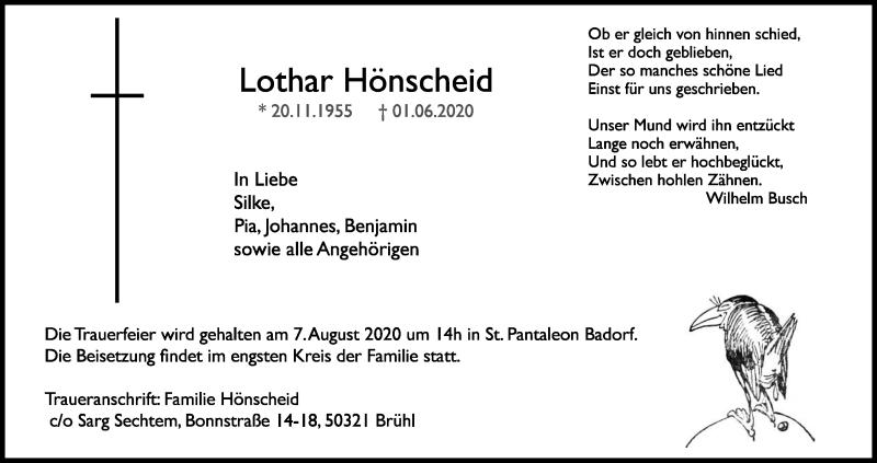  Traueranzeige für Lothar Hönscheid vom 10.06.2020 aus Kölner Stadt-Anzeiger / Kölnische Rundschau / Express