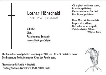 Anzeige von Lothar Hönscheid von  Schlossbote/Werbekurier 