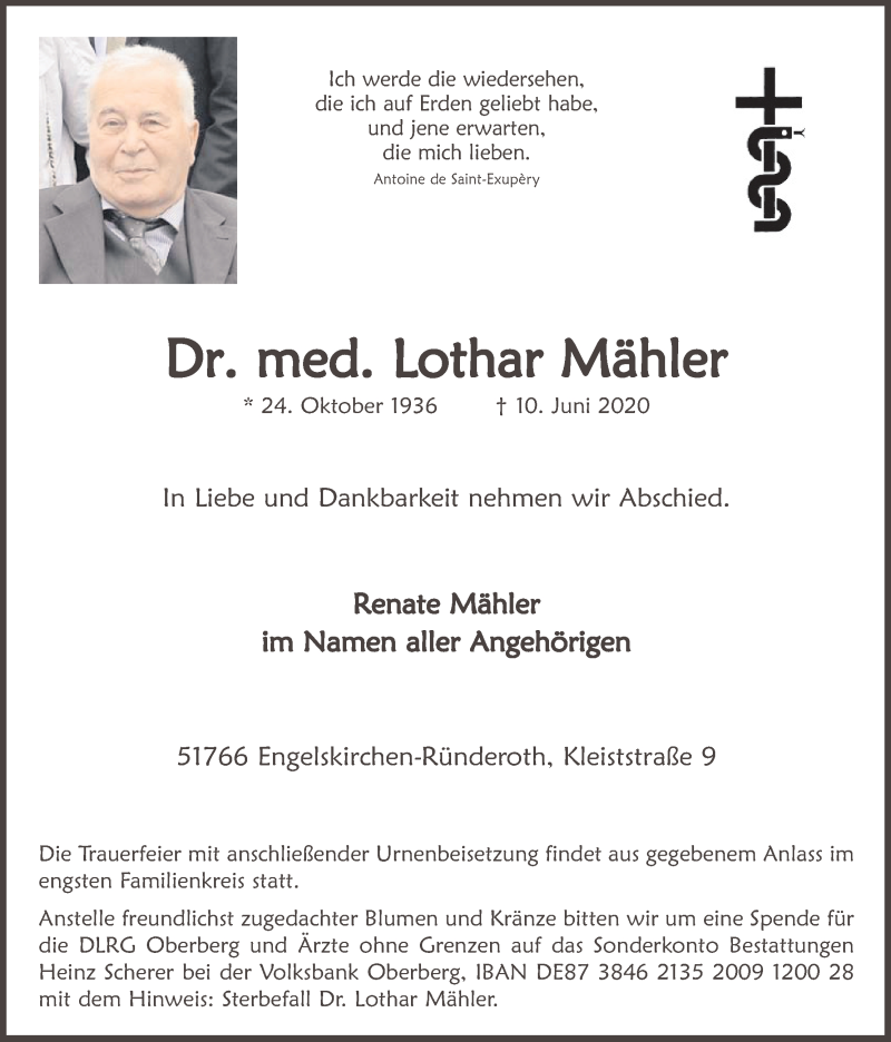  Traueranzeige für Lothar Mähler vom 13.06.2020 aus Kölner Stadt-Anzeiger / Kölnische Rundschau / Express