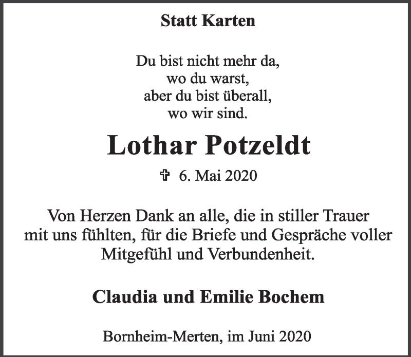  Traueranzeige für Lothar Potzeldt vom 19.06.2020 aus  Schaufenster/Blickpunkt  Schlossbote/Werbekurier 