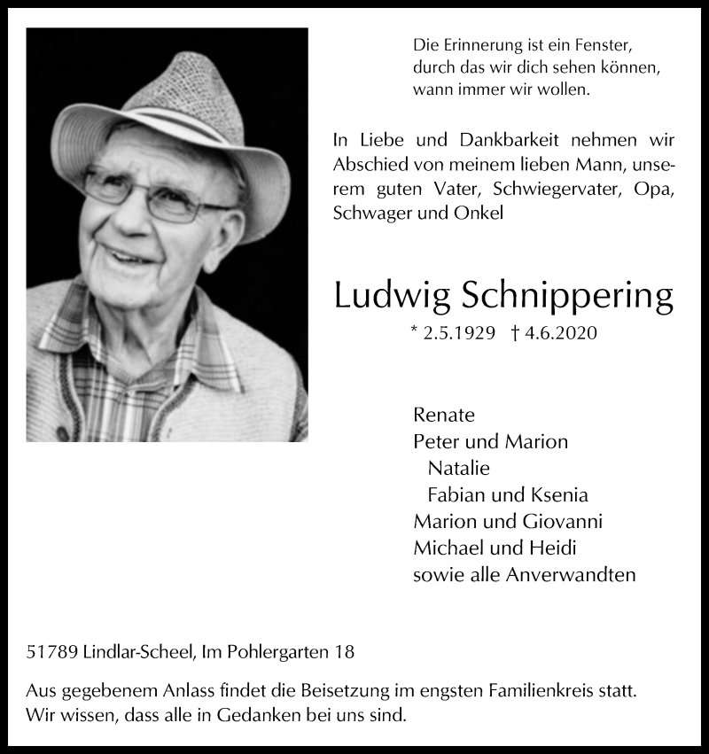  Traueranzeige für Ludwig Schnippering vom 06.06.2020 aus Kölner Stadt-Anzeiger / Kölnische Rundschau / Express