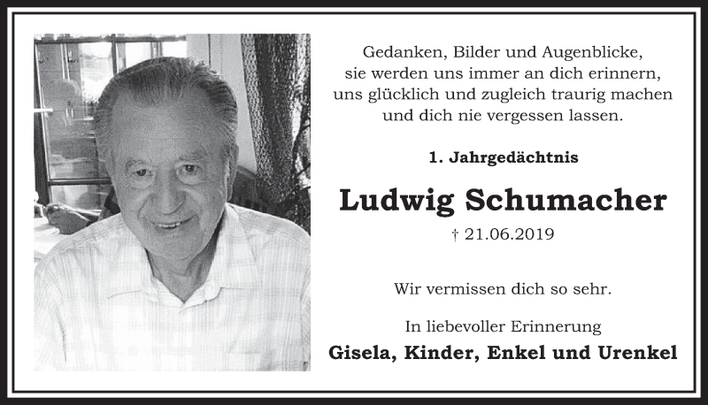  Traueranzeige für Ludwig Schumacher vom 19.06.2020 aus  Schlossbote/Werbekurier 