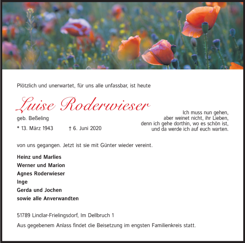  Traueranzeige für Luise Roderwieser vom 11.06.2020 aus Kölner Stadt-Anzeiger / Kölnische Rundschau / Express