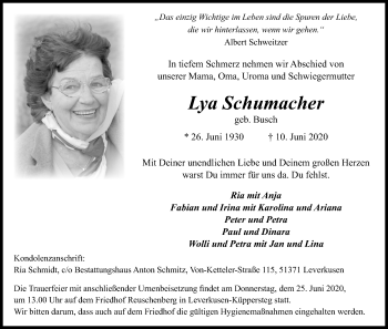 Anzeige von Lya Schumacher von Kölner Stadt-Anzeiger / Kölnische Rundschau / Express