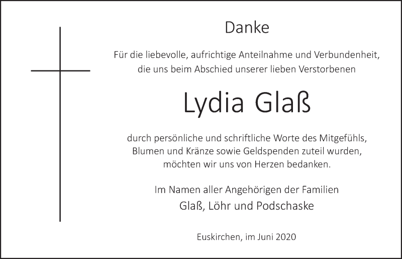  Traueranzeige für Lydia Glaß vom 27.06.2020 aus  Blickpunkt Euskirchen 
