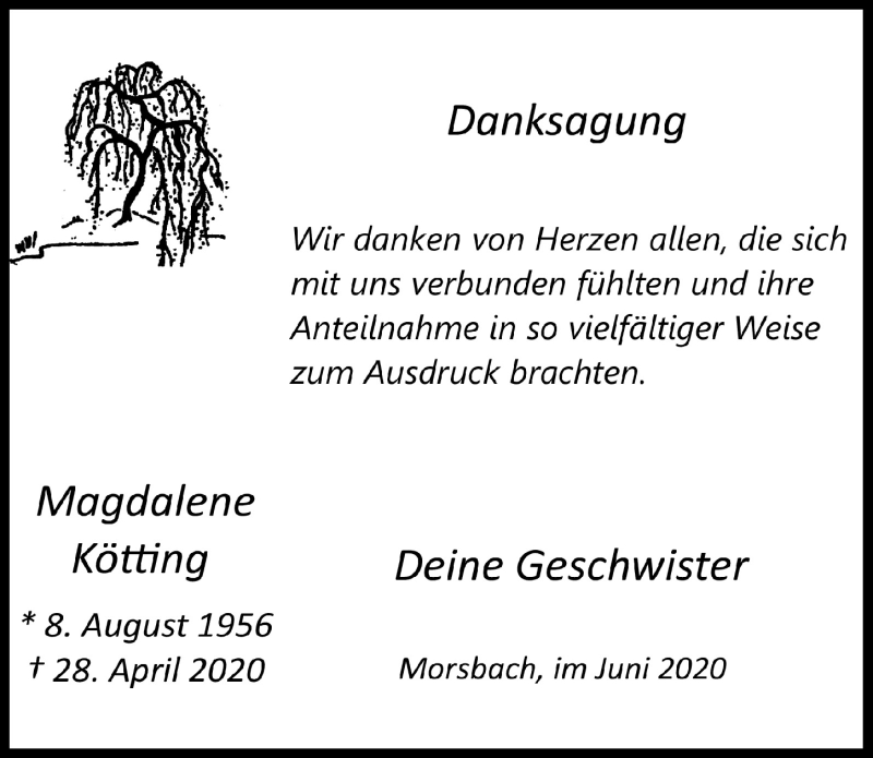  Traueranzeige für Magdalene Kötting vom 26.06.2020 aus  Lokalanzeiger 
