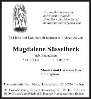 Anzeige von Magdalene Süsselbeck von  Wochenende 