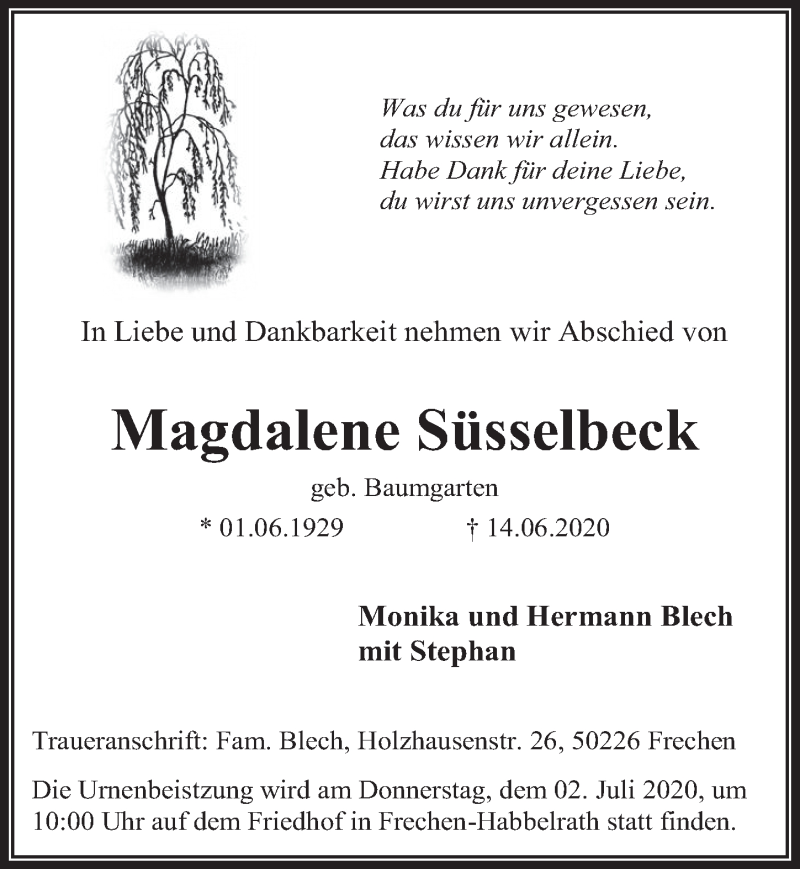  Traueranzeige für Magdalene Süsselbeck vom 26.06.2020 aus  Wochenende 