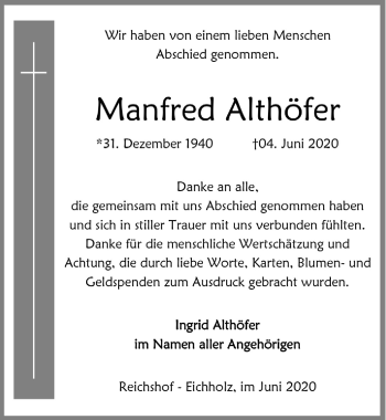 Anzeige von Manfred Althöfer von  Lokalanzeiger 