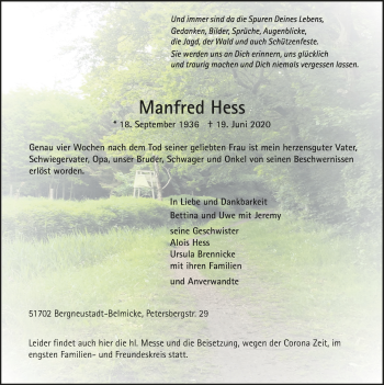 Anzeige von Manfred Hess von  Anzeigen Echo 