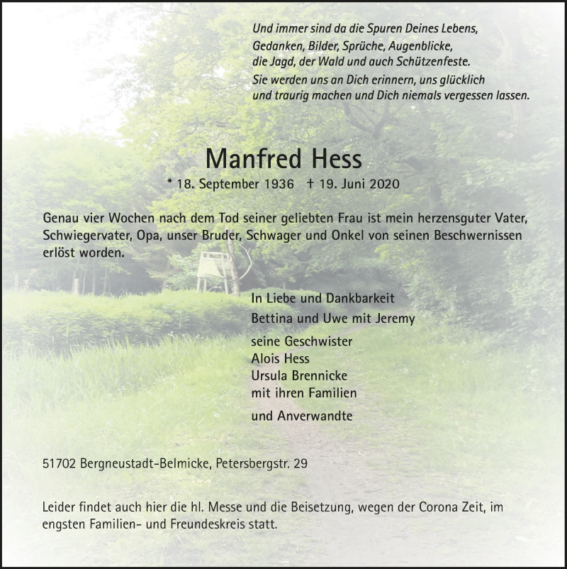  Traueranzeige für Manfred Hess vom 26.06.2020 aus  Anzeigen Echo 