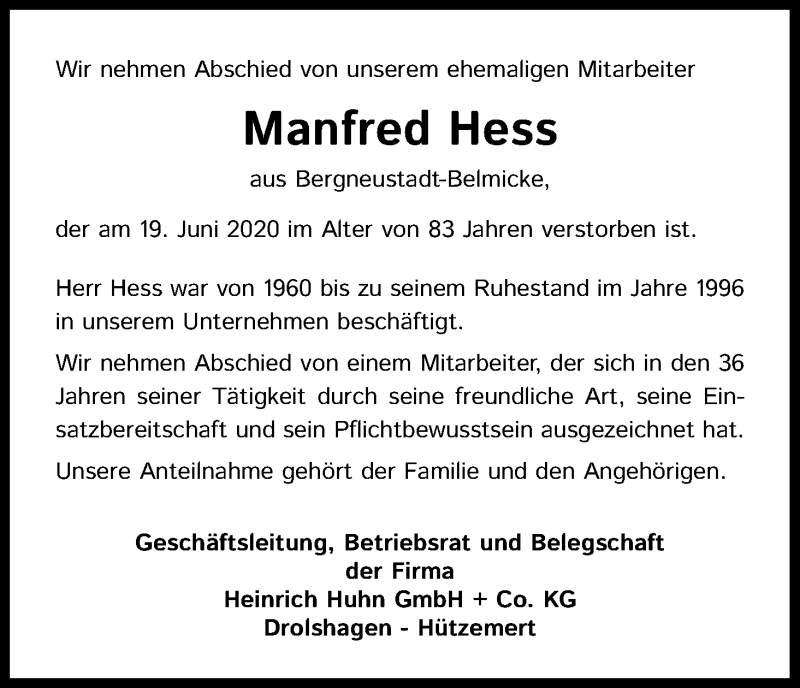  Traueranzeige für Manfred Hess vom 27.06.2020 aus Kölner Stadt-Anzeiger / Kölnische Rundschau / Express
