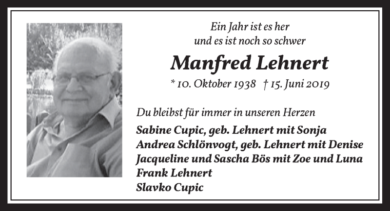  Traueranzeige für Manfred Lehnert vom 12.06.2020 aus  Werbepost 