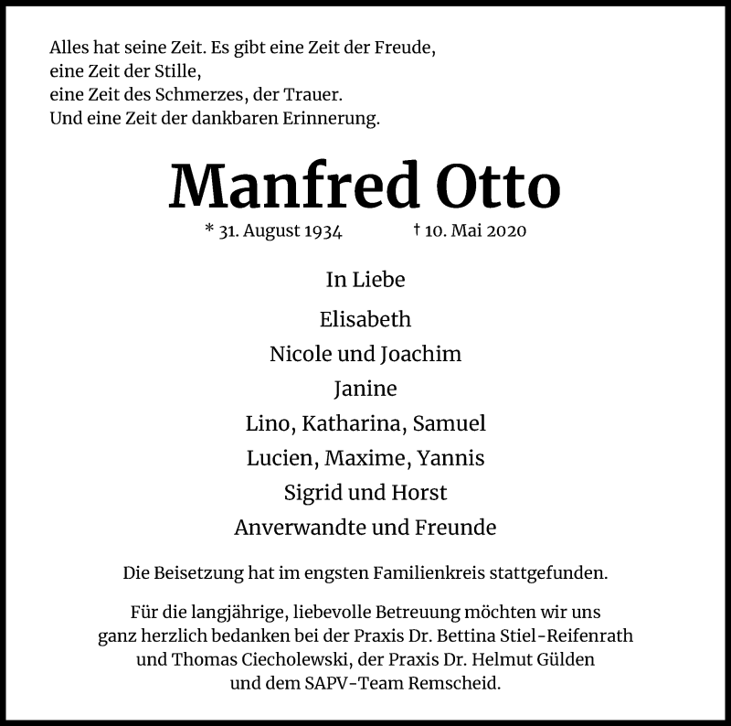  Traueranzeige für Manfred Otto vom 06.06.2020 aus Kölner Stadt-Anzeiger / Kölnische Rundschau / Express