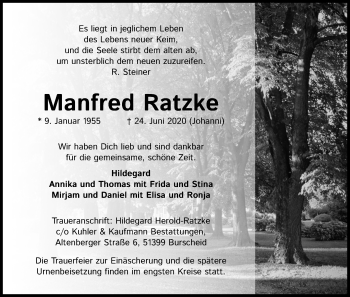 Anzeige von Manfred Ratzke von Kölner Stadt-Anzeiger / Kölnische Rundschau / Express