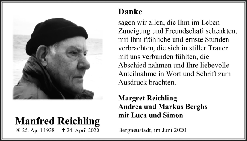  Traueranzeige für Manfred Reichling vom 05.06.2020 aus  Anzeigen Echo 