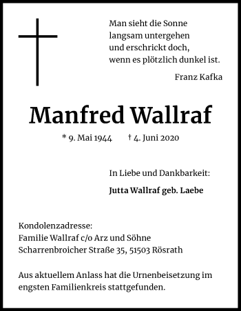 Anzeige von Manfred Wallraf von Kölner Stadt-Anzeiger / Kölnische Rundschau / Express