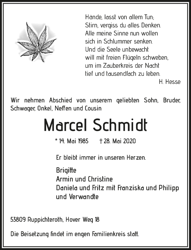  Traueranzeige für Marcel Schmidt vom 12.06.2020 aus  Lokalanzeiger 
