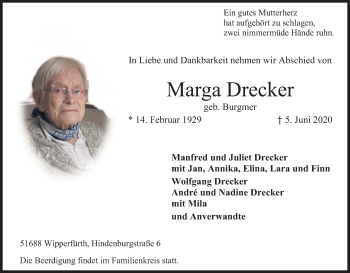 Anzeige von Marga Drecker von Kölner Stadt-Anzeiger / Kölnische Rundschau / Express