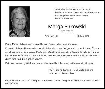 Anzeige von Marga Pirkowski von Kölner Stadt-Anzeiger / Kölnische Rundschau / Express